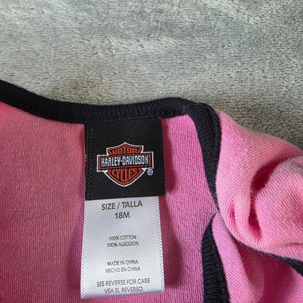 Harley Davidson Baby One Piece 18M Pink Black Winged Logo Bodysuit Infant Girl - Picture 2 of 3